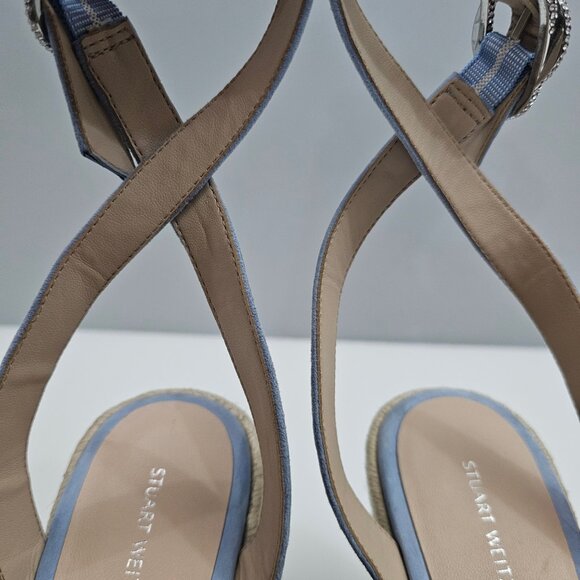 Stuart Weitzman Crystal Buckle Wedge Womens 10 Cornflower Blue Suede Espadrille - Picture 11 of 16
